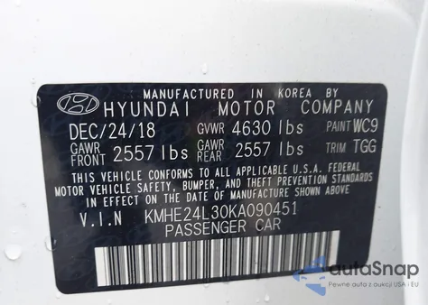 2019 Hyundai Sonata Hybrid Se из США, поврежденный, VIN KMHE24L30KA090451